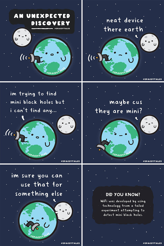 Comic strip about the cosmos showing Earth and moon discovering WiFi technology while searching for mini black holes.