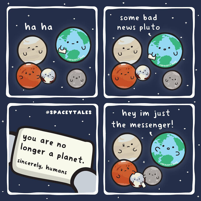 Comic strip featuring fun-filled cosmos characters delivering news about Pluto's planetary status in a playful, educational style.