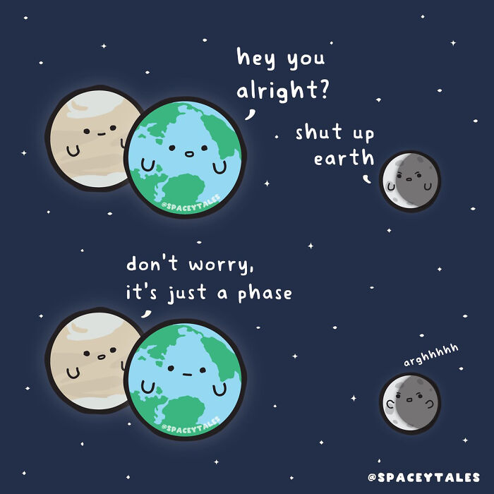 Comic showing Earth, Moon, and another planet with cute faces, teaching a fun cosmic lesson about moon phases in space.