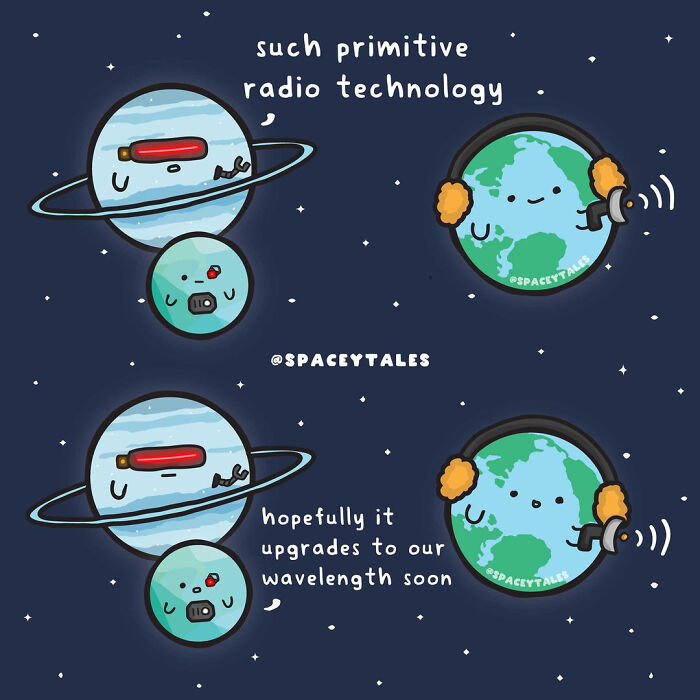 Cosmos-themed comics depicting planets with radios and Earth using earmuffs in a fun-filled cosmic illustration.