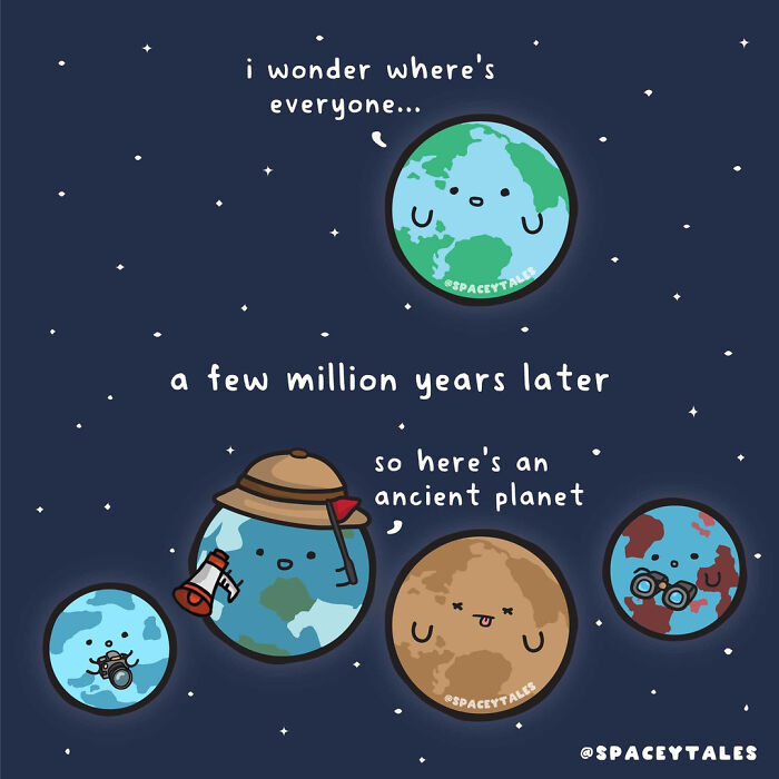 Cute comic illustration featuring playful planets in space, teaching fun-filled lessons about the cosmos by this artist.