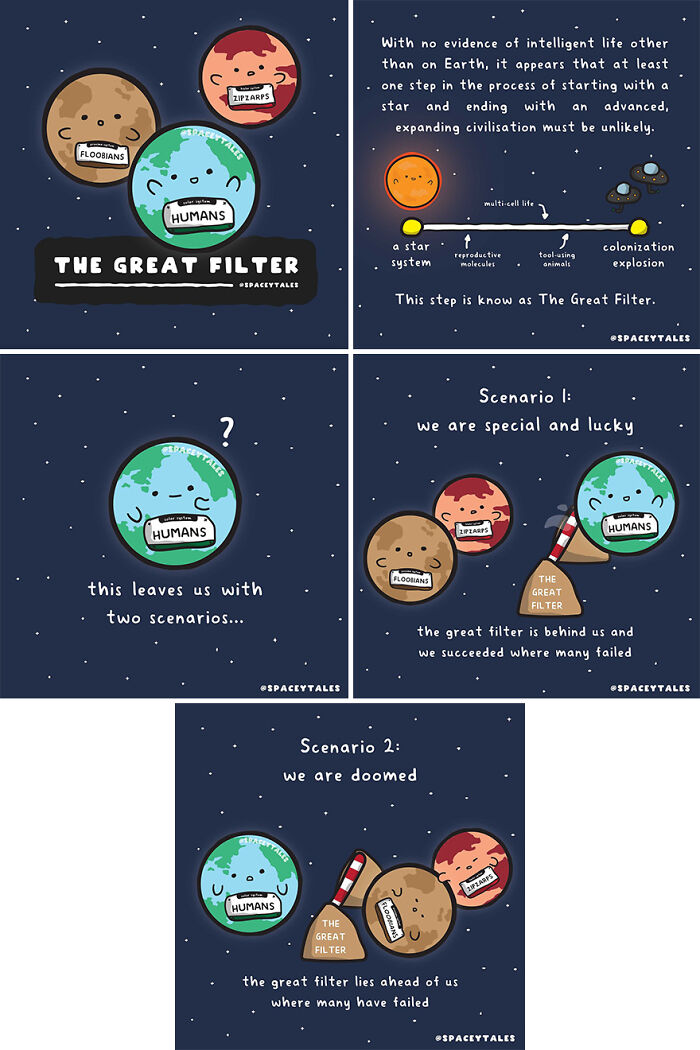 Comic panels illustrating the Great Filter concept in space, teaching about the cosmos with fun-filled comics by this artist.