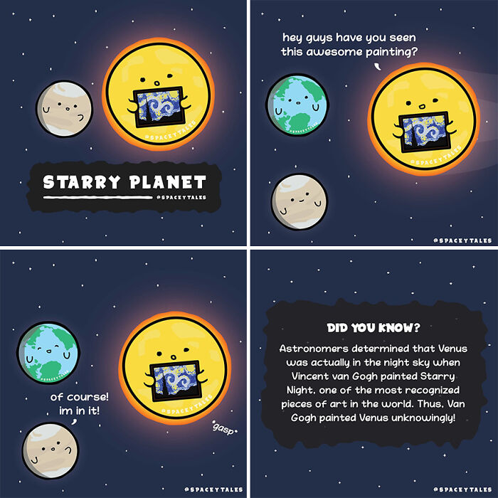 Comic panels featuring planets and the sun discussing the cosmos with fun space-themed illustrations.