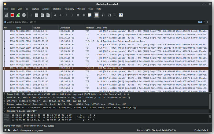 Wireshark interface displaying network packet data for free software analysis.