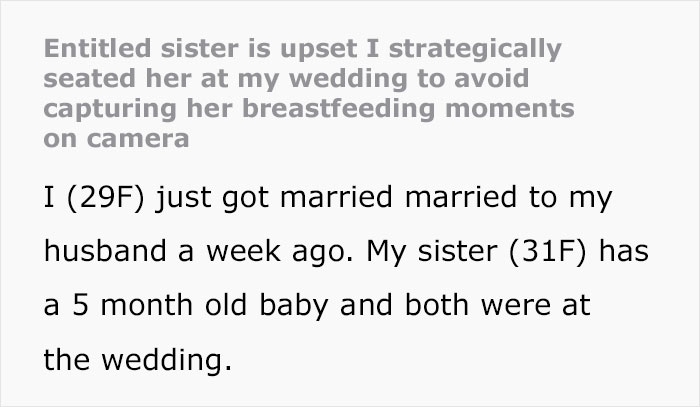 Bride Dislikes Sister's 'Exhibitionism' While Breastfeeding, Seats Her Aside At The Ceremony Bride Dislikes Sister's 'Exhibitionism' While Breastfeeding, Seats Her Aside At The Ceremony