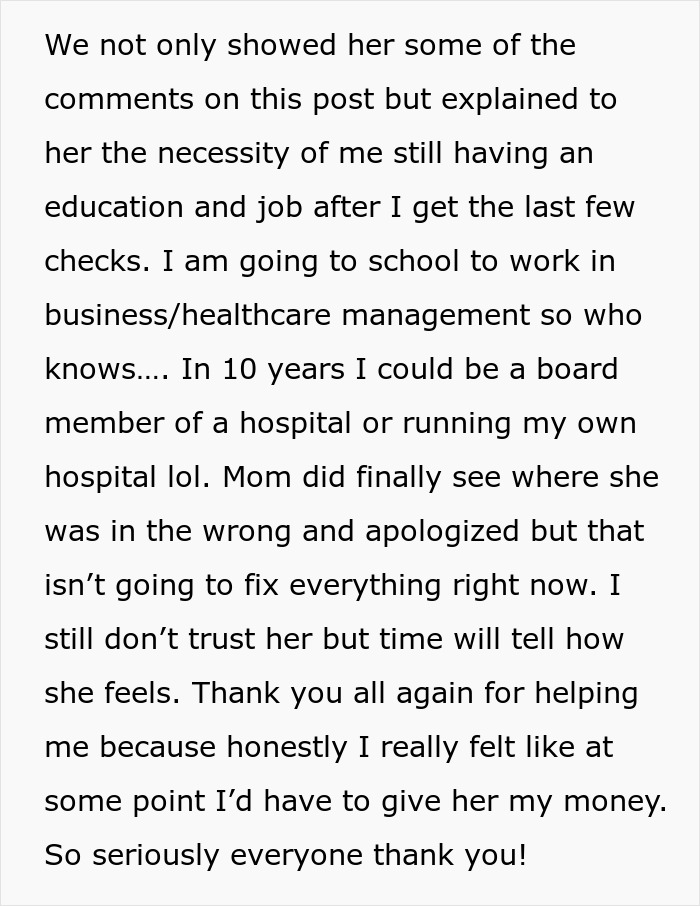 Text from a woman considering going no-contact with mom after $150k lawsuit payout, reflecting on trust and future plans.