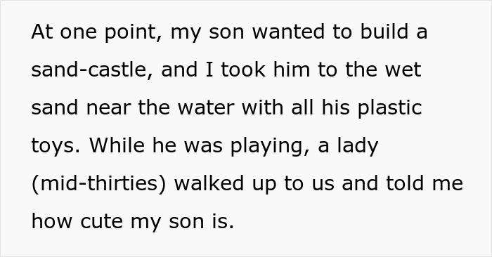 Text excerpt about a son building a sandcastle and a woman complimenting him, related to a woman and husband argument online.