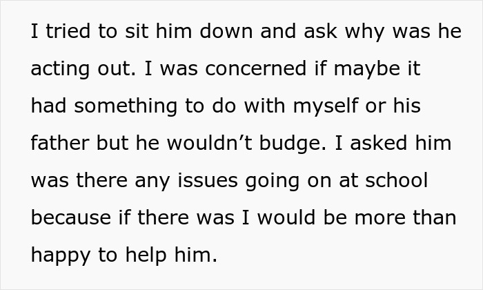 Text excerpt showing a concerned parent trying to understand why their teen son is acting out.