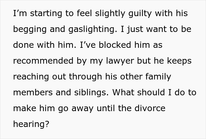 Text message expressing guilt over husband's gaslighting and blocking him, seeking advice during divorce process.