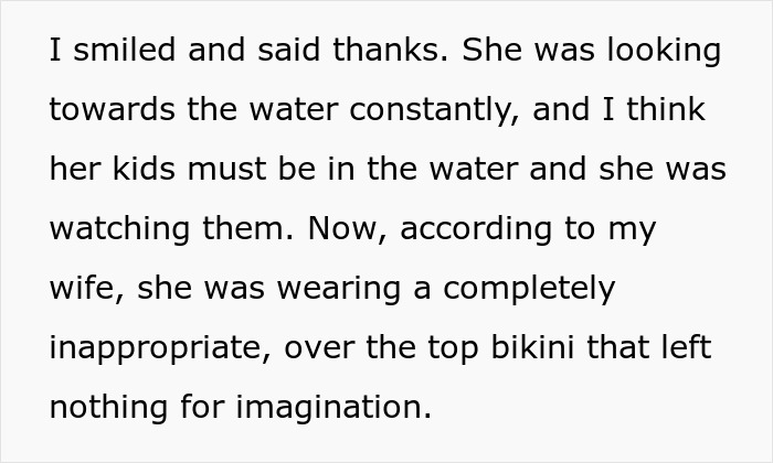 Text excerpt showing a husband&rsquo;s perspective in an argument where his wife deems a woman&rsquo;s bikini inappropriate.