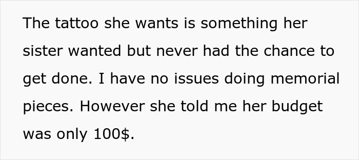 "Text discussing artist's dilemma over client's budget for memorial tattoo. "Text discussing artist's dilemma over client's budget for memorial tattoo.