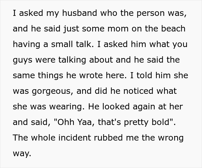 Text of a woman describing a conversation with her husband about a beach mom, reflecting a woman makes husband argument reality check.