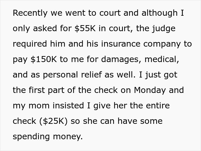 Woman considers going no-contact with mom after $150k lawsuit payout dispute over money and support.