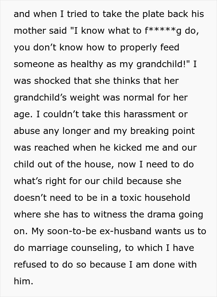 Woman hands husband divorce papers after ignoring ongoing insults from his mother for too long.