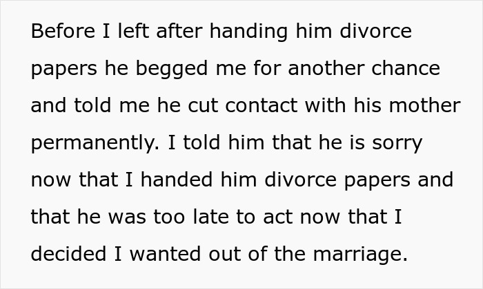 Woman hands husband divorce papers after he ignored his mom's insults and failed to change behavior.