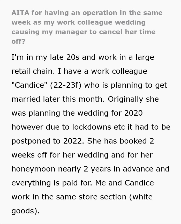 Bride Furious After Her Time Off Was Canceled Due To Coworker’s Surgery - 2
