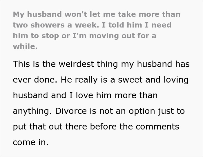 Man Battles With Wife’s Ultimatum: Give Her More Than 2 Showers Per Week Or See Her Move Out - 2