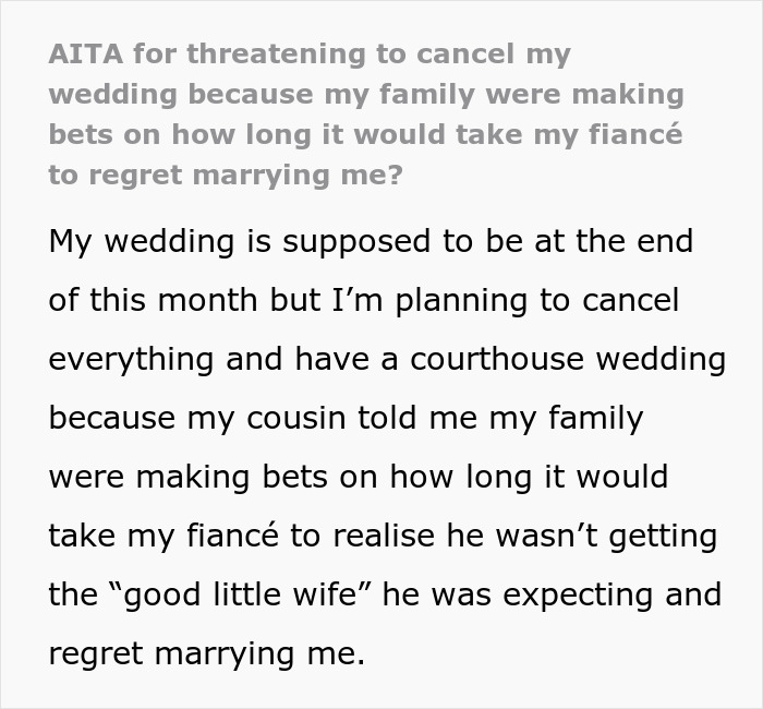 Bride's Family Bets Fiance Will End Marriage Because She Isn't Submissive, So She Cancels Wedding - 2
