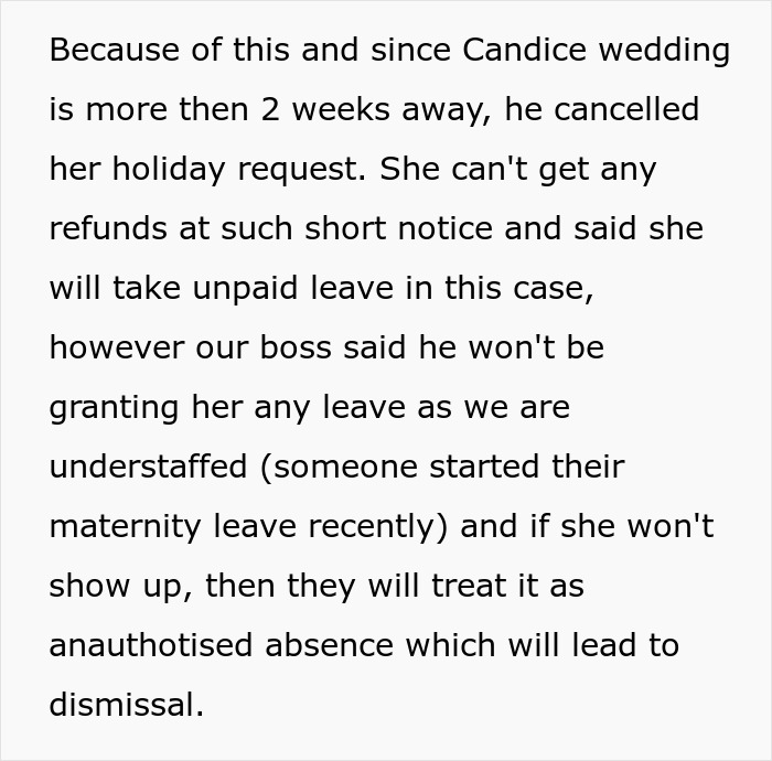 Bride Furious After Her Time Off Was Canceled Due To Coworker’s Surgery - 7