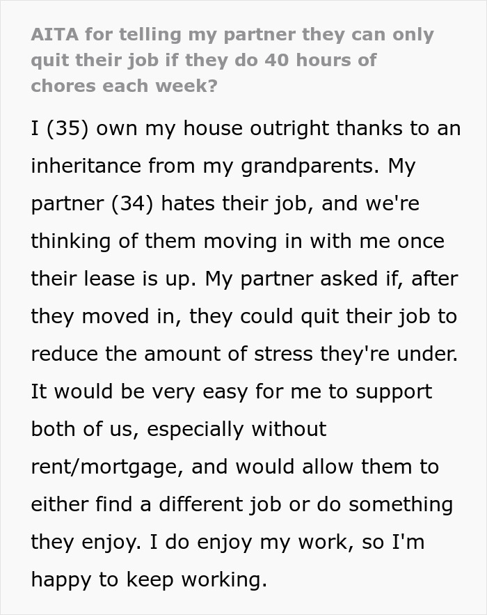 Person Happy To Have A SAH Partner If They Commit To 40 Hours Of Chores, Drama Ensues - 2