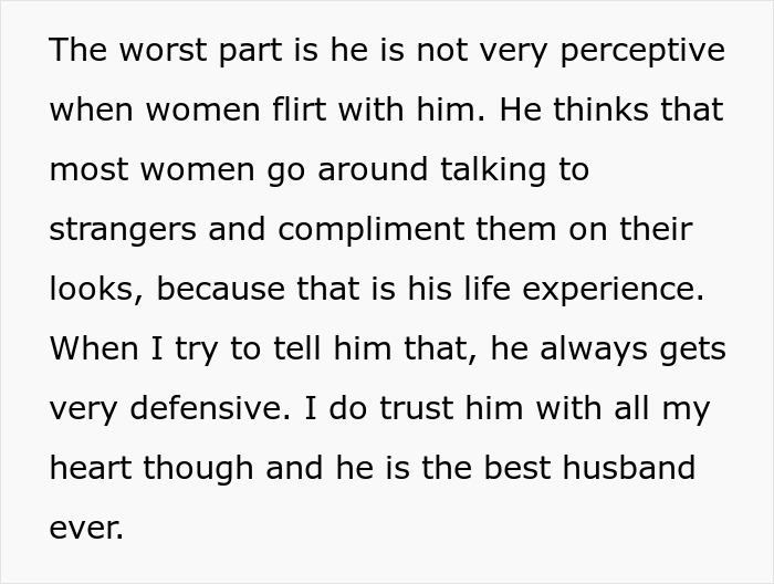 Text excerpt discussing a woman describing her husband&rsquo;s defensiveness and trust in their argument online post.
