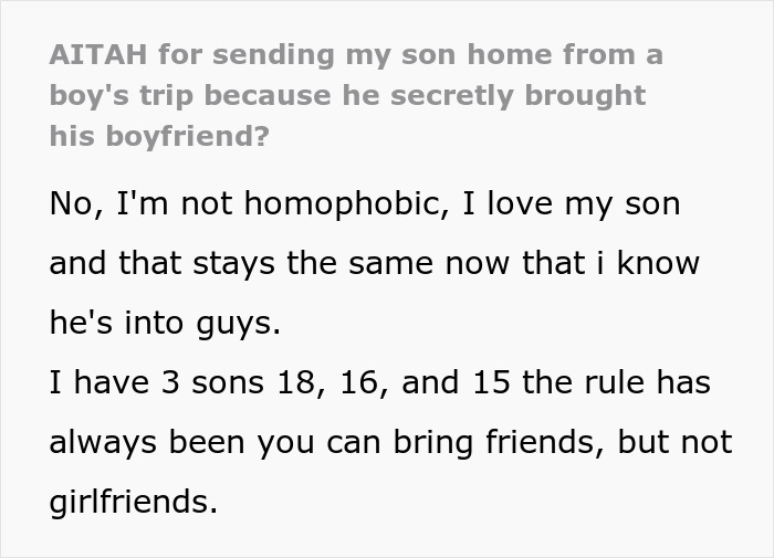 Parent Asks If They&rsquo;re The Jerk For Sending Son Home From Boy&rsquo;s Trip After He Brought His BF