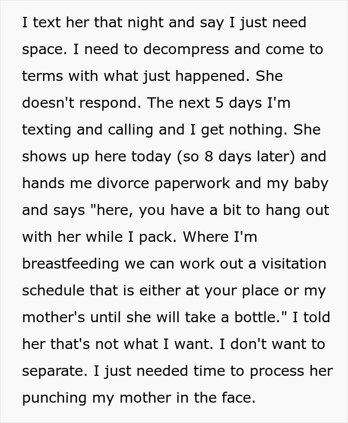 Woman handing husband divorce papers after ignoring insults from his mother for too long, representing marital conflict and separation.