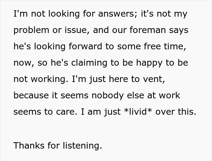 Text expressing frustration over a workplace situation related to a fired machinist. - 11