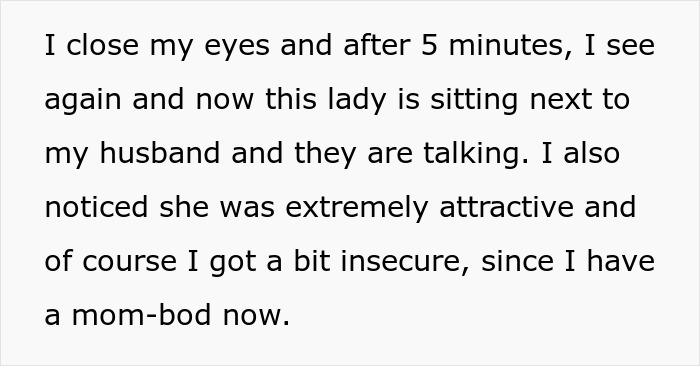 Text excerpt from a woman reflecting on insecurities while noticing another attractive woman talking to her husband.