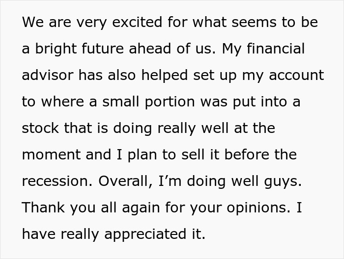 Text on white background about financial advisor helping set up an account and selling stock before recession in woman considers going no-contact with mom.