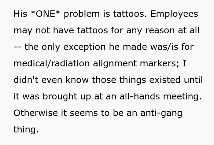 Text discussing a new boss's strict policy against tattoos with exceptions for medical markers; perceived as anti-gang. - 3