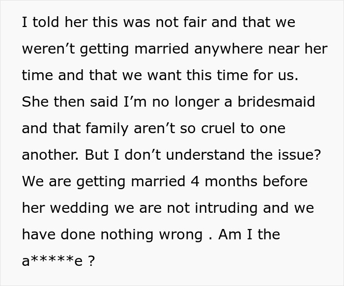 Woman Is Confused After Bridezilla Forbids Her From Getting Married During Her “Wedding Year” - 7