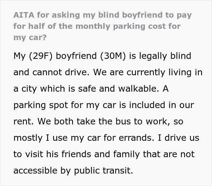 BF Refuses To Help Pay For Parking Spot Since He Doesn't Drive, Leaves GF Confused