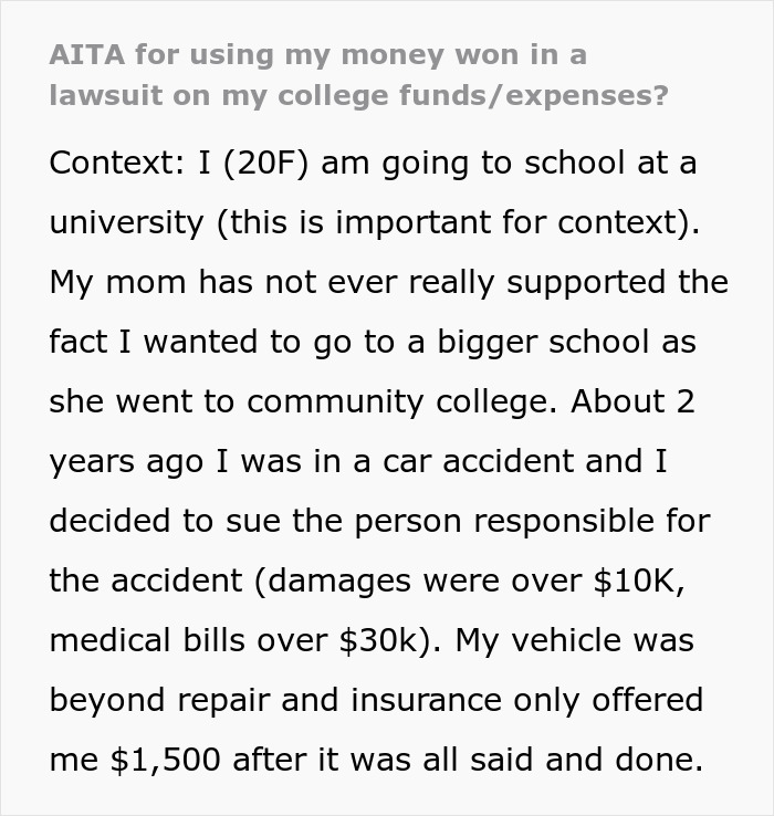 Woman considers going no-contact with mom after $150k lawsuit payout creates family conflict over money and support.
