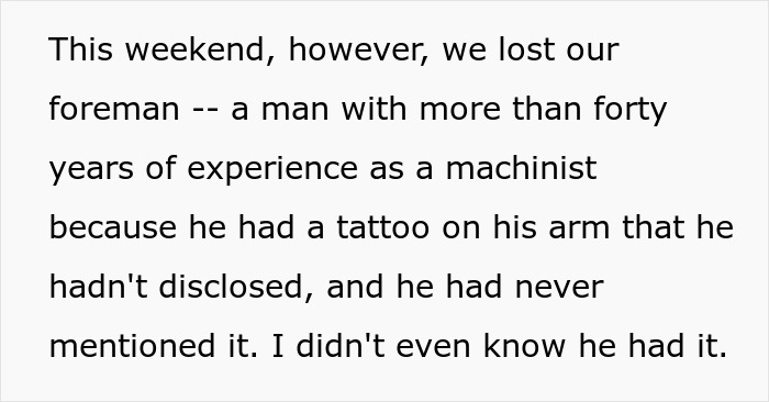 Text about a machinist's dismissal due to a non-disclosed tattoo on his arm. - 6