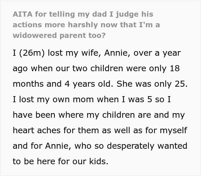 Dad Gets Upset With Son Who Lost His Wife For Judging His Decisions When He Himself Was Widowed  - 2