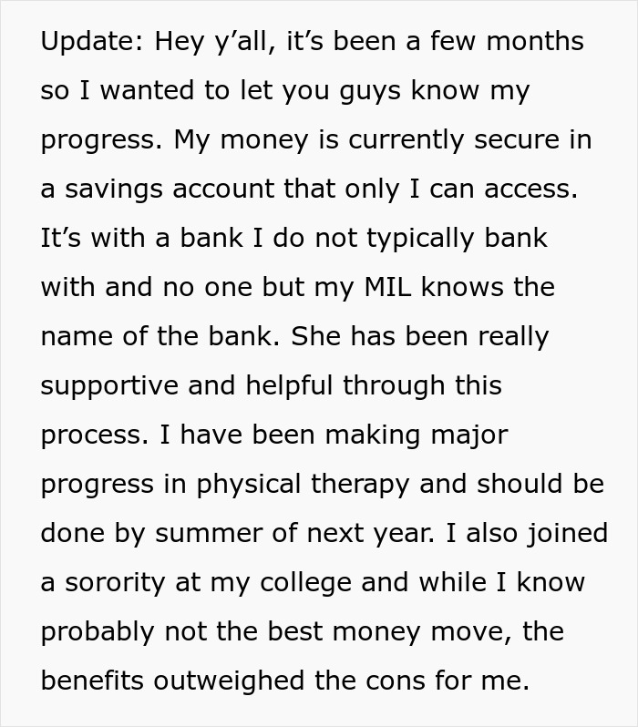 Update text showing a woman considering going no-contact with mom after $150k lawsuit payout concerns.