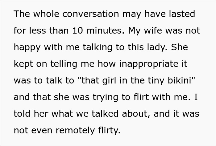 Text screenshot showing a husband describing an argument with his wife about talking to another woman, highlighting relationship tension.