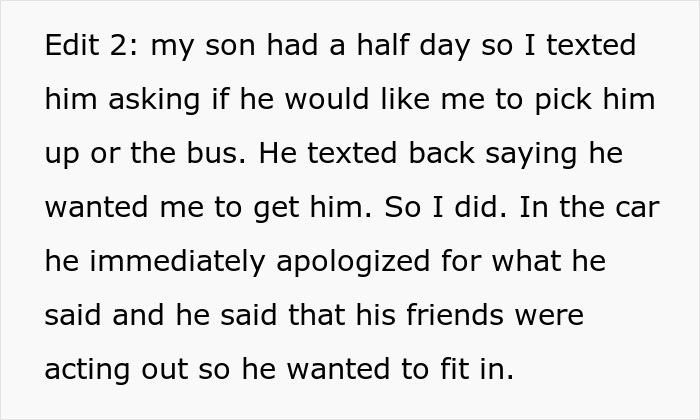 Text message conversation showing a mom picking up her teen son and him apologizing for his behavior to fit in with friends.