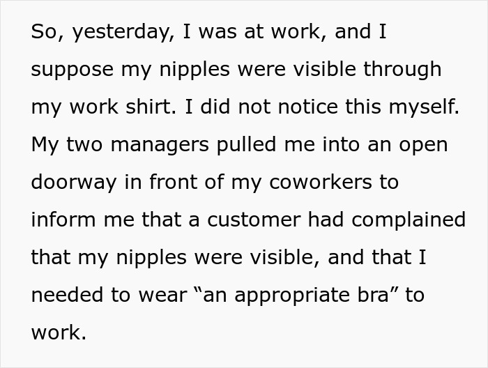 Woman Feels She Is Being Targeted At Work For Being Disabled When Manager Makes Fuss About Her Bra 