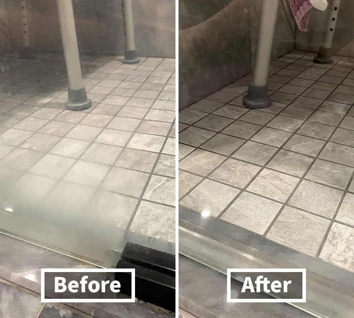 Before and after of a shower door cleaning using popular panda products, showing a clear glass transformation.