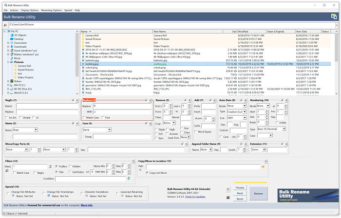 Bulk Rename Utility software interface showcasing file renaming options for free software tools.
