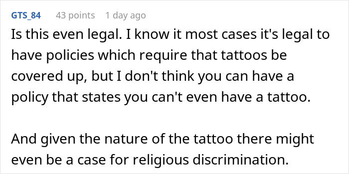 A Reddit comment discussing tattoo policy legality and potential religious discrimination. - 25