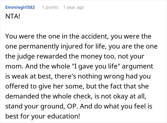 Alt text: Woman considers going no-contact with mom after $150k lawsuit payout dispute over money and life claims.
