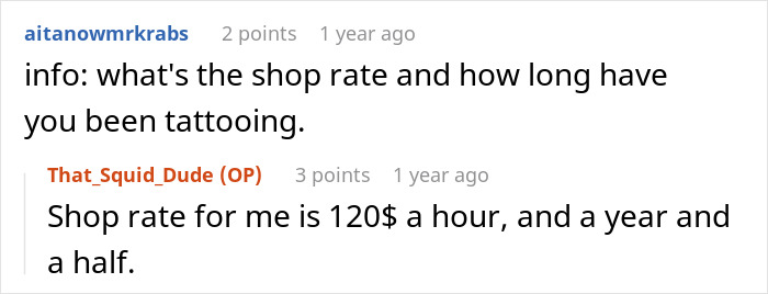 Tattoo artist discusses shop rate of $120 an hour and experience of a year and a half in online conversation. Tattoo artist discusses shop rate of $120 an hour and experience of a year and a half in online conversation.