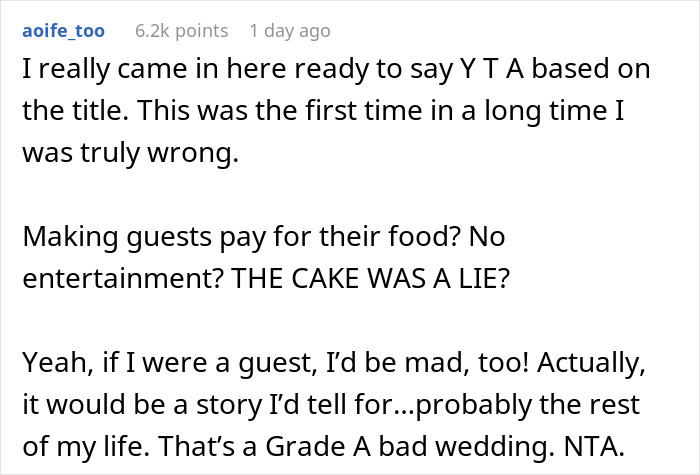 Comment discussing a woman upset to find out what people really thought about her 20k wedding a year later.