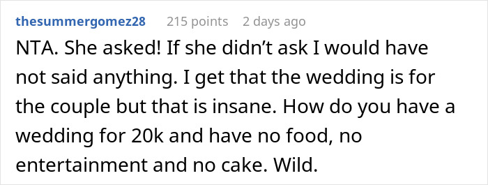 Reddit comment discussing a woman upset about people’s true thoughts on her 20k wedding a year later.