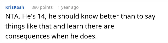 Comment discussing a 14-year-old teen learning consequences after his mom punishes him, affecting family dynamics.