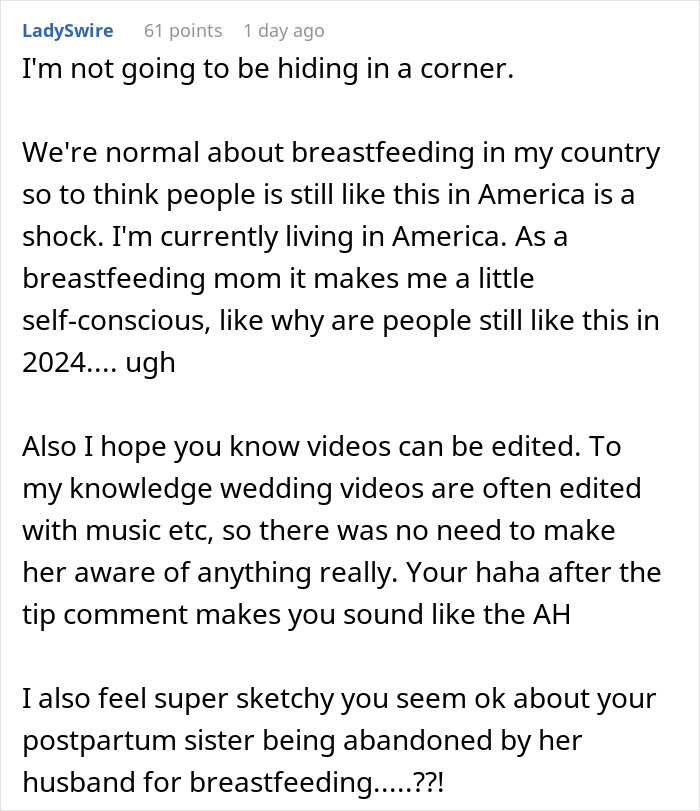 Bride Dislikes Sister's 'Exhibitionism' While Breastfeeding, Seats Her Aside At The Ceremony Bride Dislikes Sister's 'Exhibitionism' While Breastfeeding, Seats Her Aside At The Ceremony