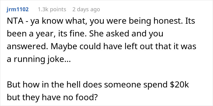 Comment on a forum thread discussing reactions to a woman upset over opinions on her 20k wedding a year later.